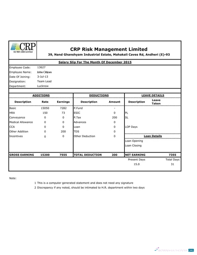 Download INDIA CRP Risk Management Limited salary slip template in Word and PDF formats Photoshop template
